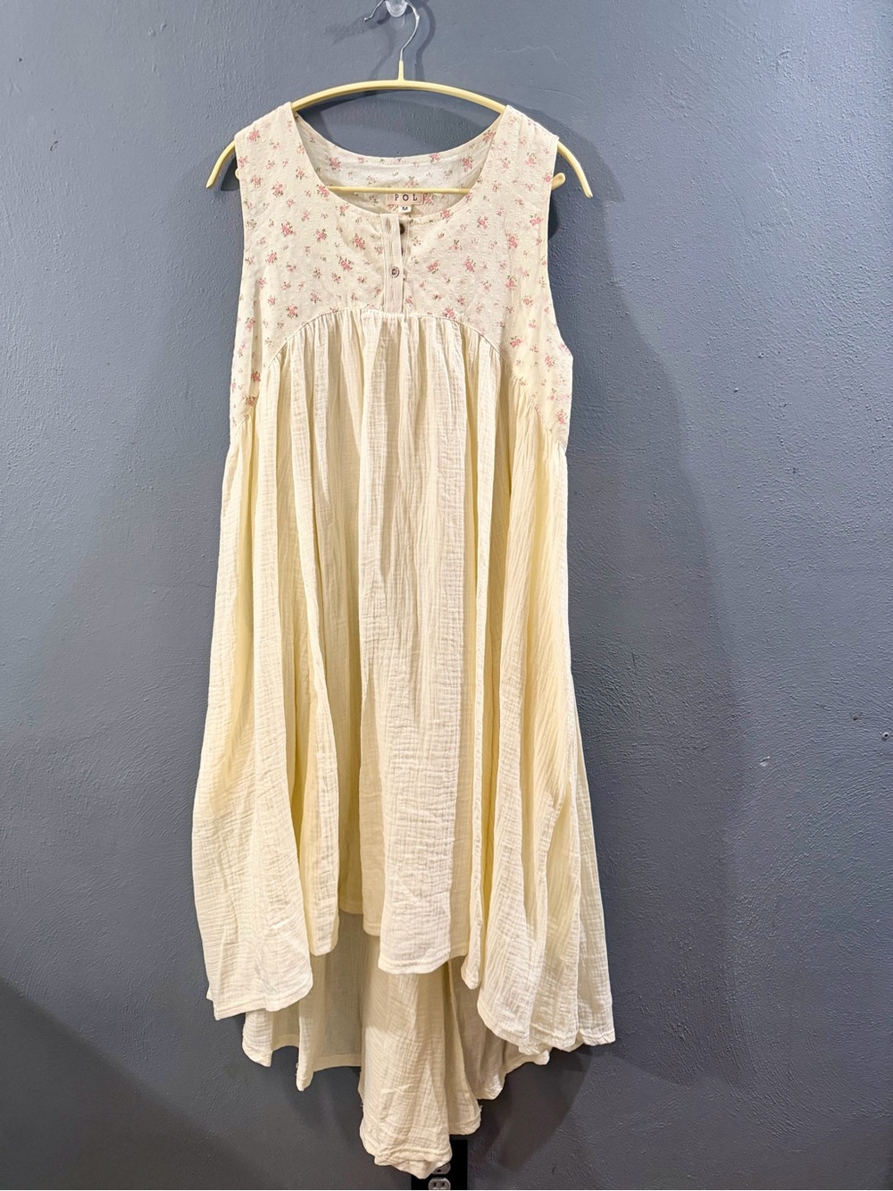 NWOT. POL Cream Midi Dress with Pink Floral Yoke